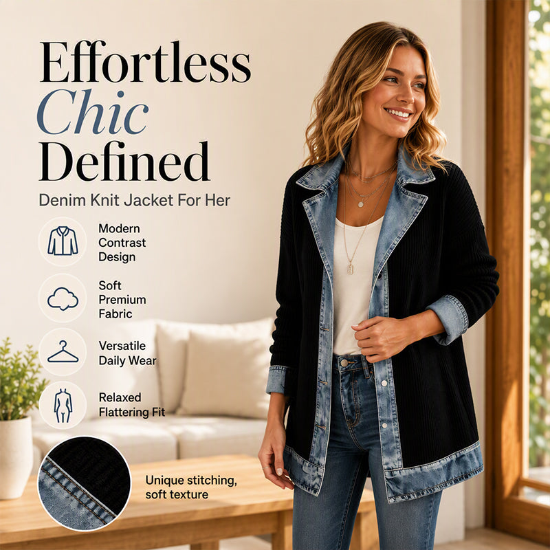 Seasonal Style🛍️Women’s Elegant Denim Spliced Ribbed Knit Coat