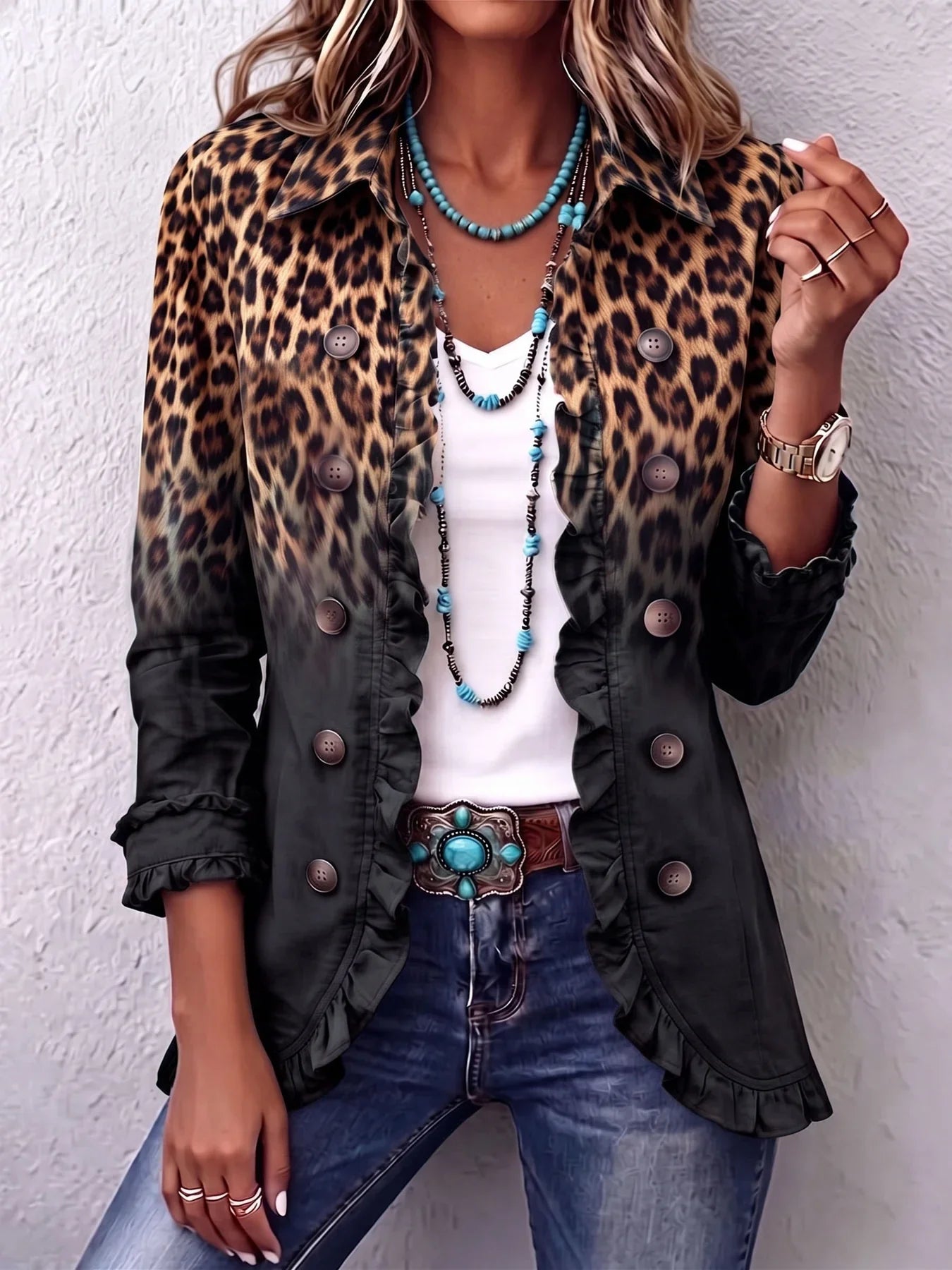 🤲LAST DAY SAVE 49% ⏰Bold Boho Leopard & Teal Ruffle Blazer Jacket