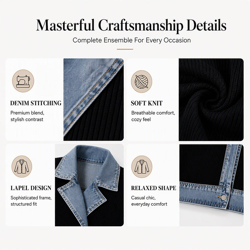 Seasonal Style🛍️Women’s Elegant Denim Spliced Ribbed Knit Coat
