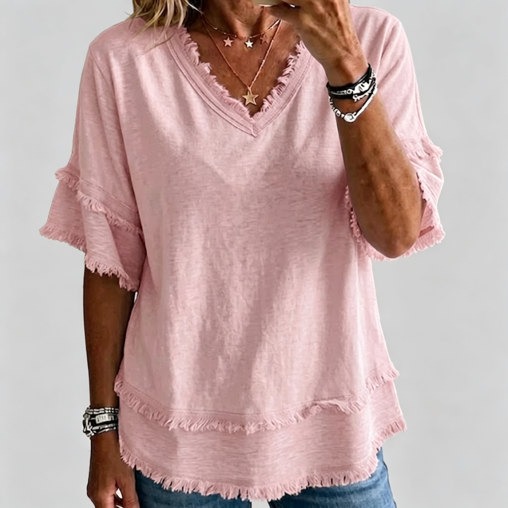 🌷Vintage Frayed V-Neck Linen Blend Top | Effortless Summer Comfort