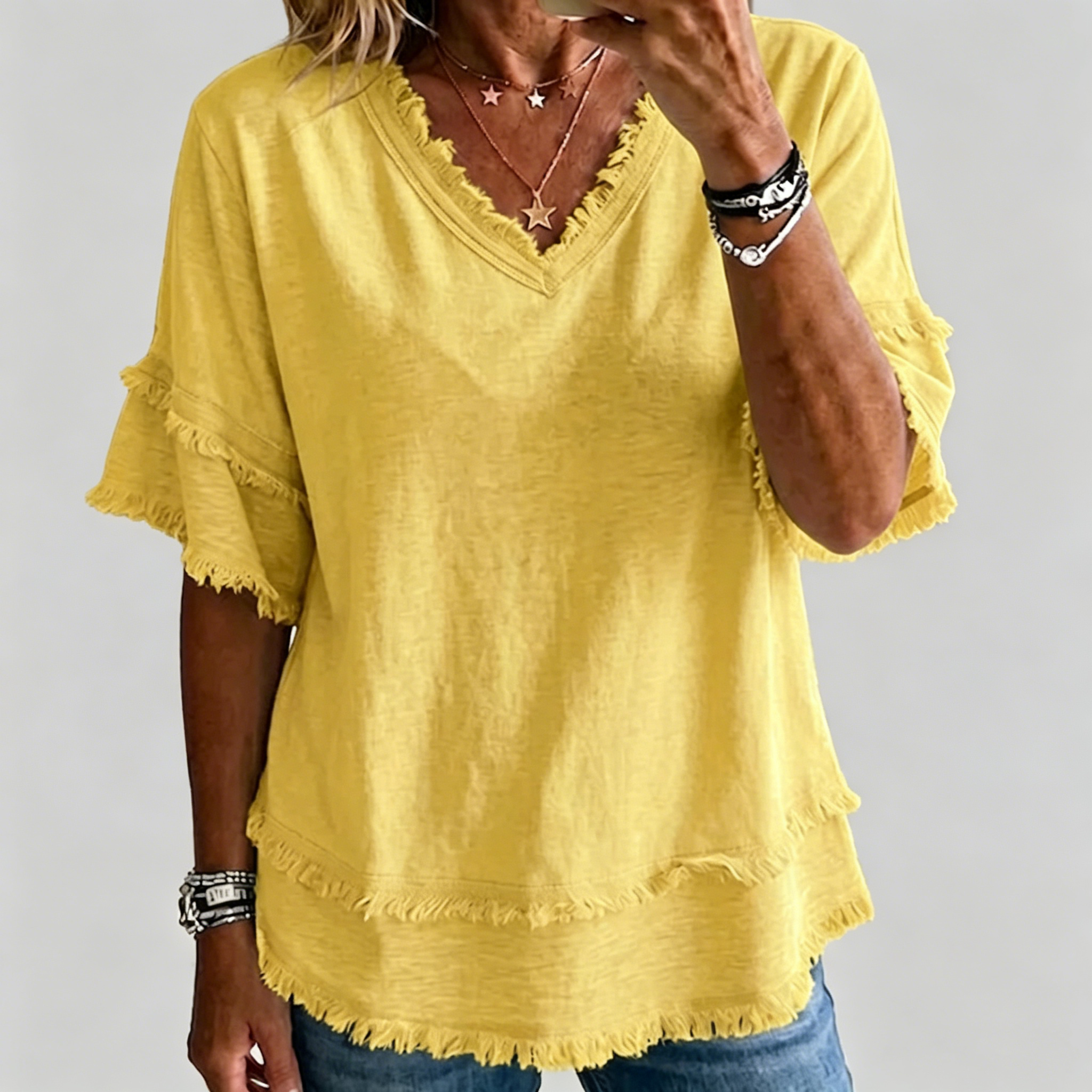 🌷Vintage Frayed V-Neck Linen Blend Top | Effortless Summer Comfort