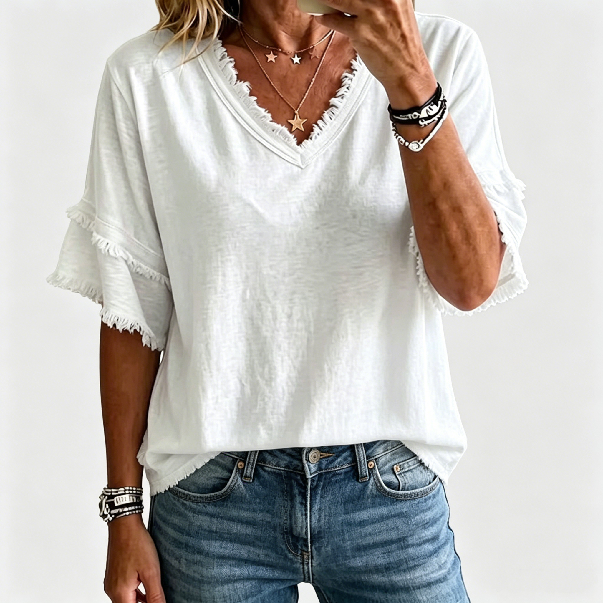 🌷Vintage Frayed V-Neck Linen Blend Top | Effortless Summer Comfort