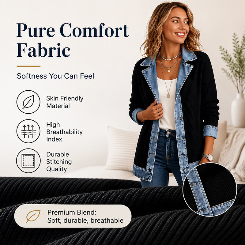 Seasonal Style🛍️Women’s Elegant Denim Spliced Ribbed Knit Coat