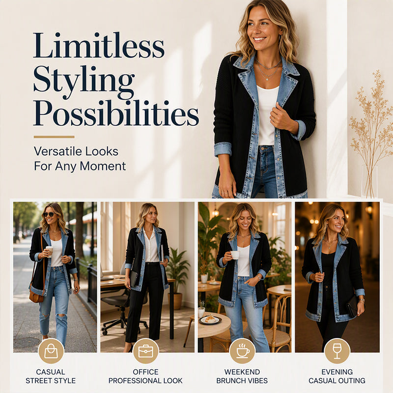 Seasonal Style🛍️Women’s Elegant Denim Spliced Ribbed Knit Coat