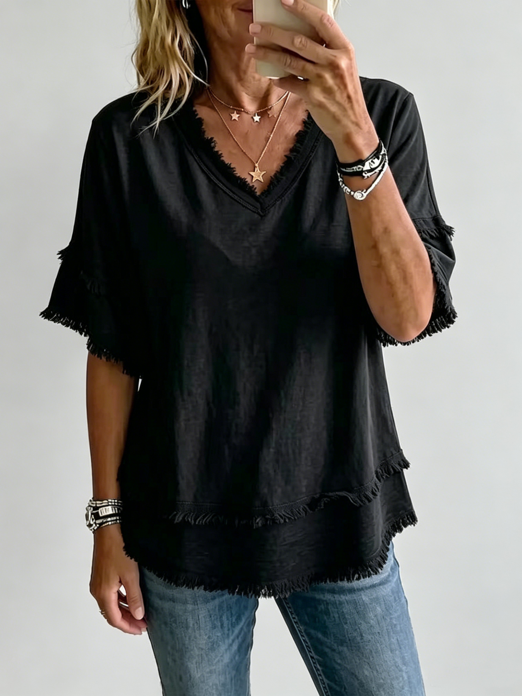 🌷Vintage Frayed V-Neck Linen Blend Top | Effortless Summer Comfort