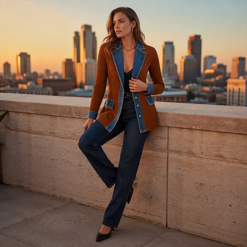 Seasonal Style🛍️Women’s Elegant Denim Spliced Ribbed Knit Coat
