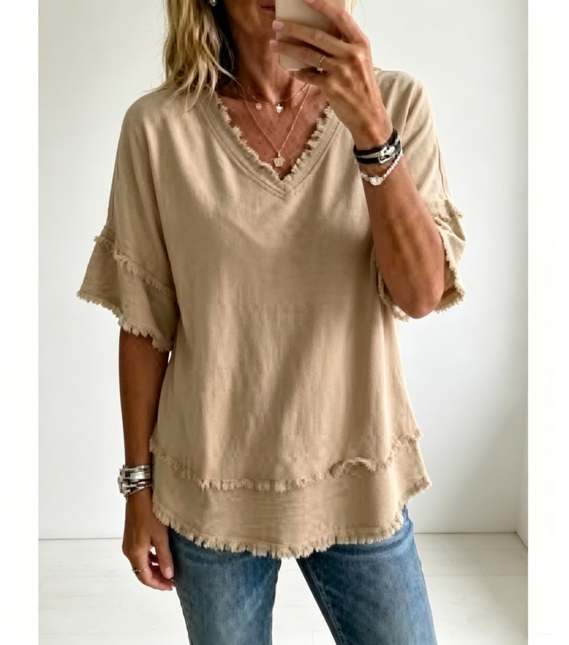 🌷Vintage Frayed V-Neck Linen Blend Top | Effortless Summer Comfort