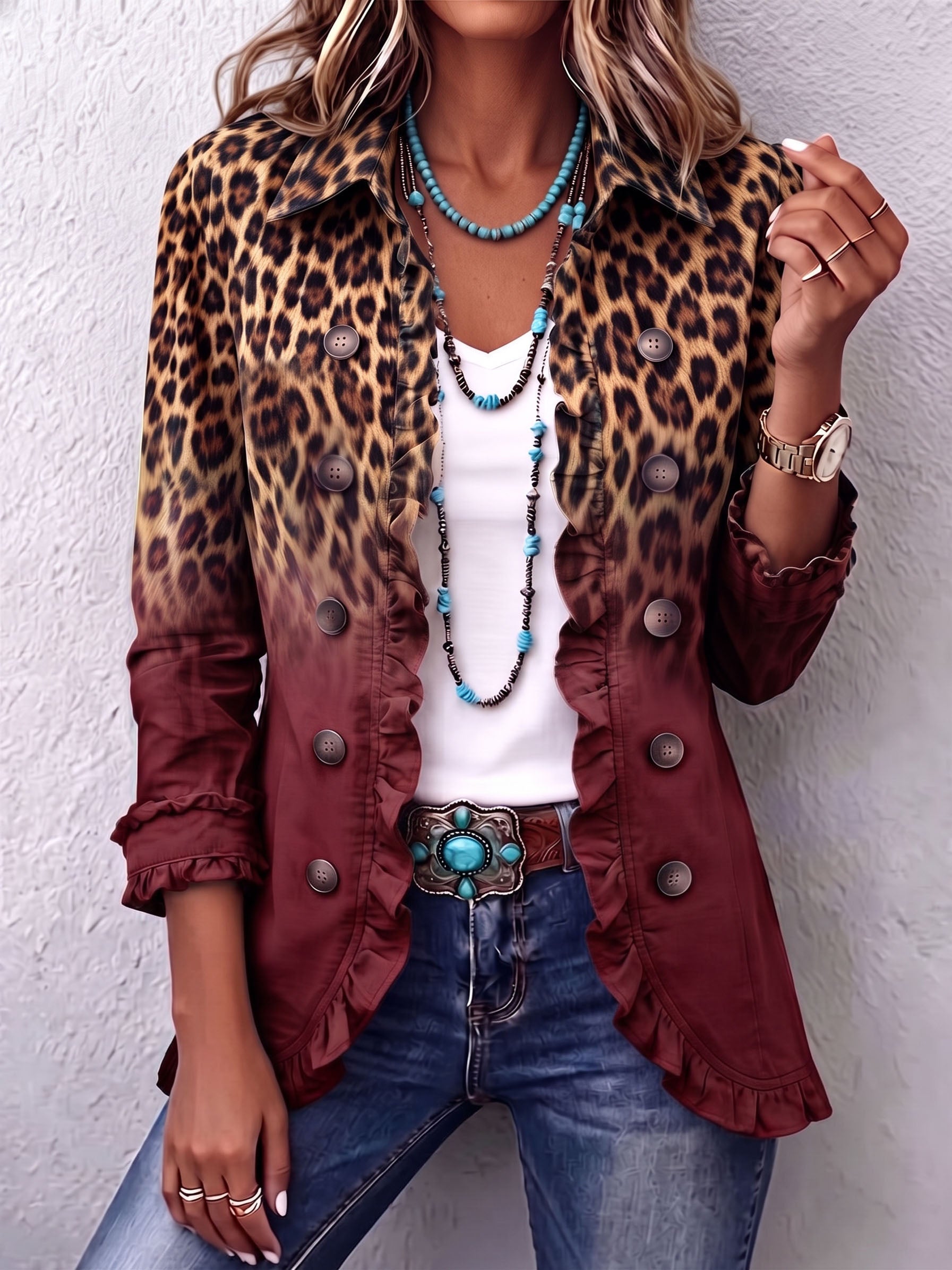 🤲LAST DAY SAVE 49% ⏰Bold Boho Leopard & Teal Ruffle Blazer Jacket